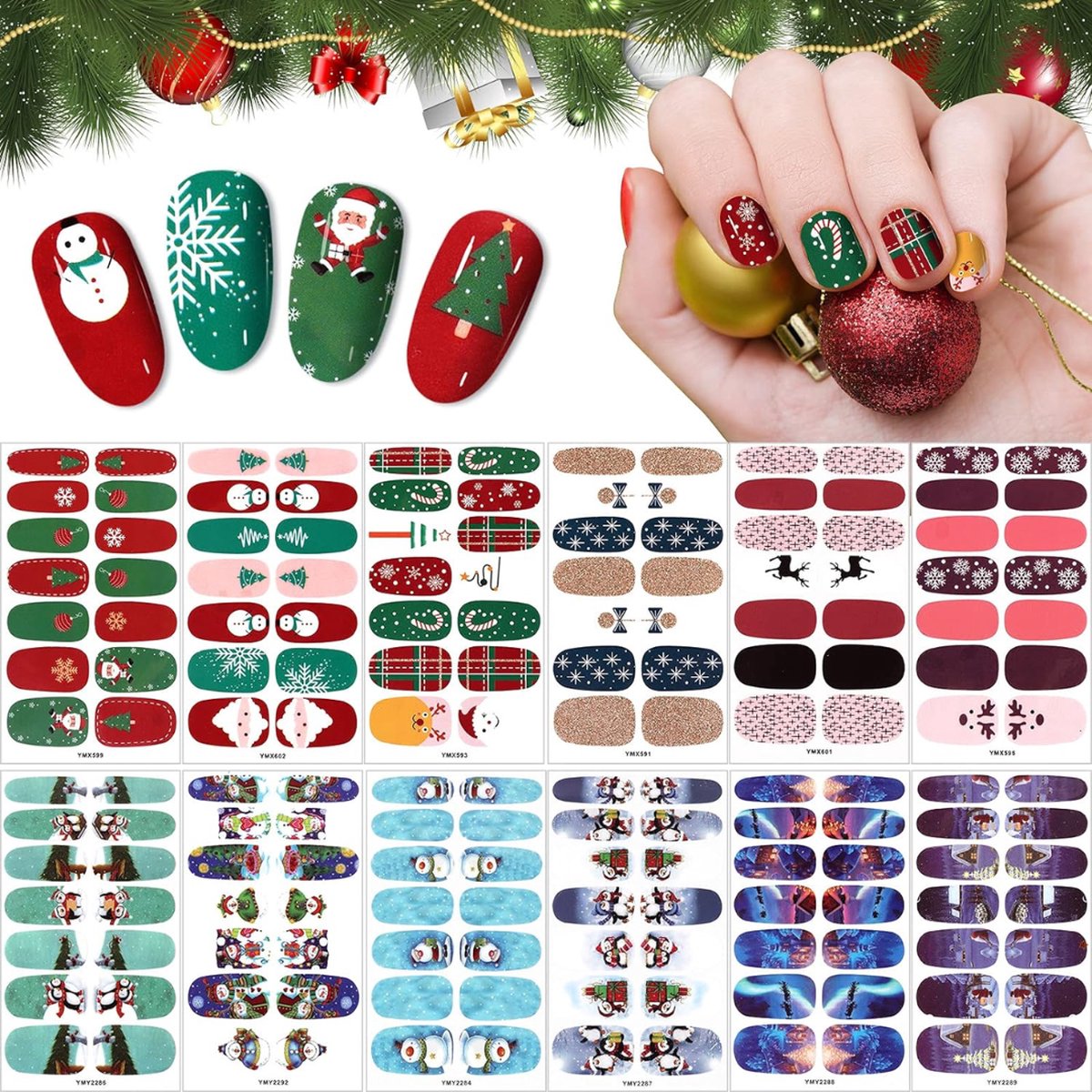 Goedkoopste GUAPÀ® Nagelstickers & Nail wraps - Nail Art - Nagel Folie - Kerst Nagelstickers - Glitter Plaknagels - Diverse kleuren Nail Wrap - 12 Vellen Nagelstickers met Kerst vormen