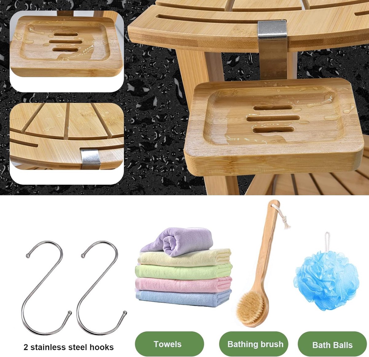 Bamboe douchekruk, badkruk met plank, waaiervorm, badkruk, antislip