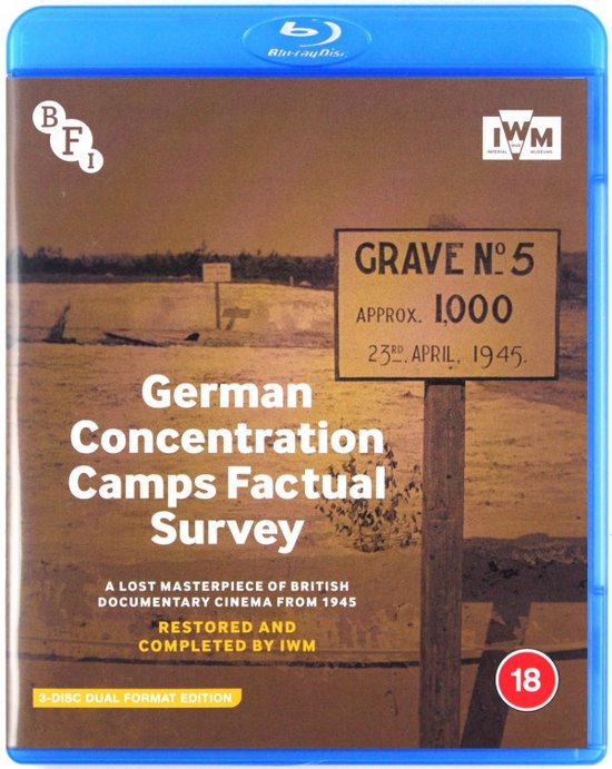 Blu-ray hoes met tekst 'GRAVE N° 5 APPROX. 1.000 23rd APRIL, 1945' en 'German Concentration Camps Factual Survey'.