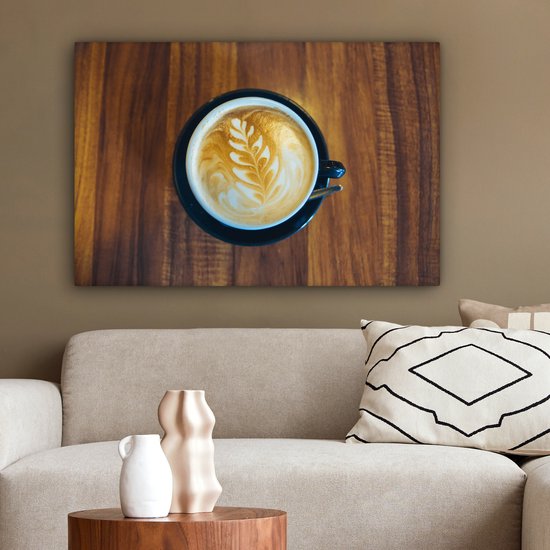 Canvas Schilderij Koffie - Tafel - Hout - 60x40 cm - Wanddecoratie