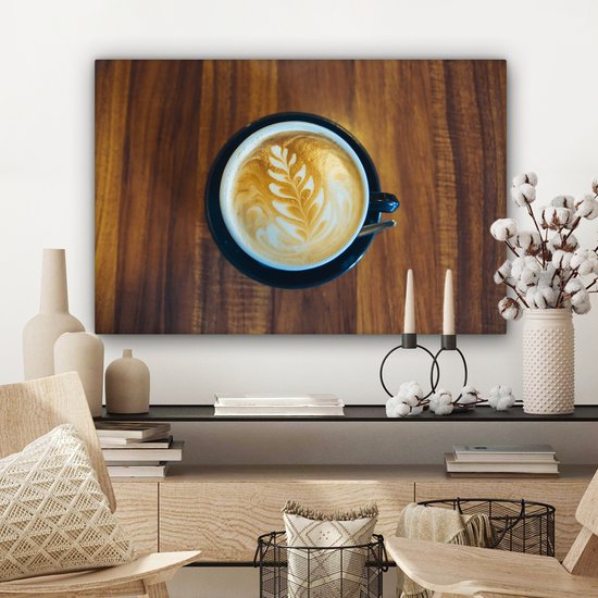 Canvas Schilderij Koffie - Tafel - Hout - 60x40 cm - Wanddecoratie