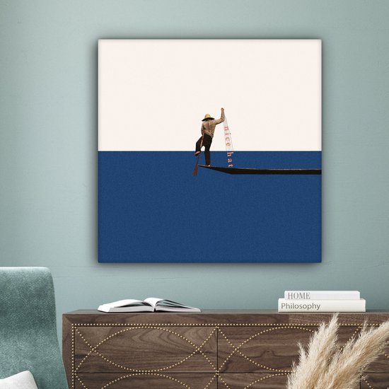 Toile - Abstrait - Bateau - Mer - Texte - Chapeau - Abstrait - 90x90 cm - Canvasdoek - Peinture sur toile