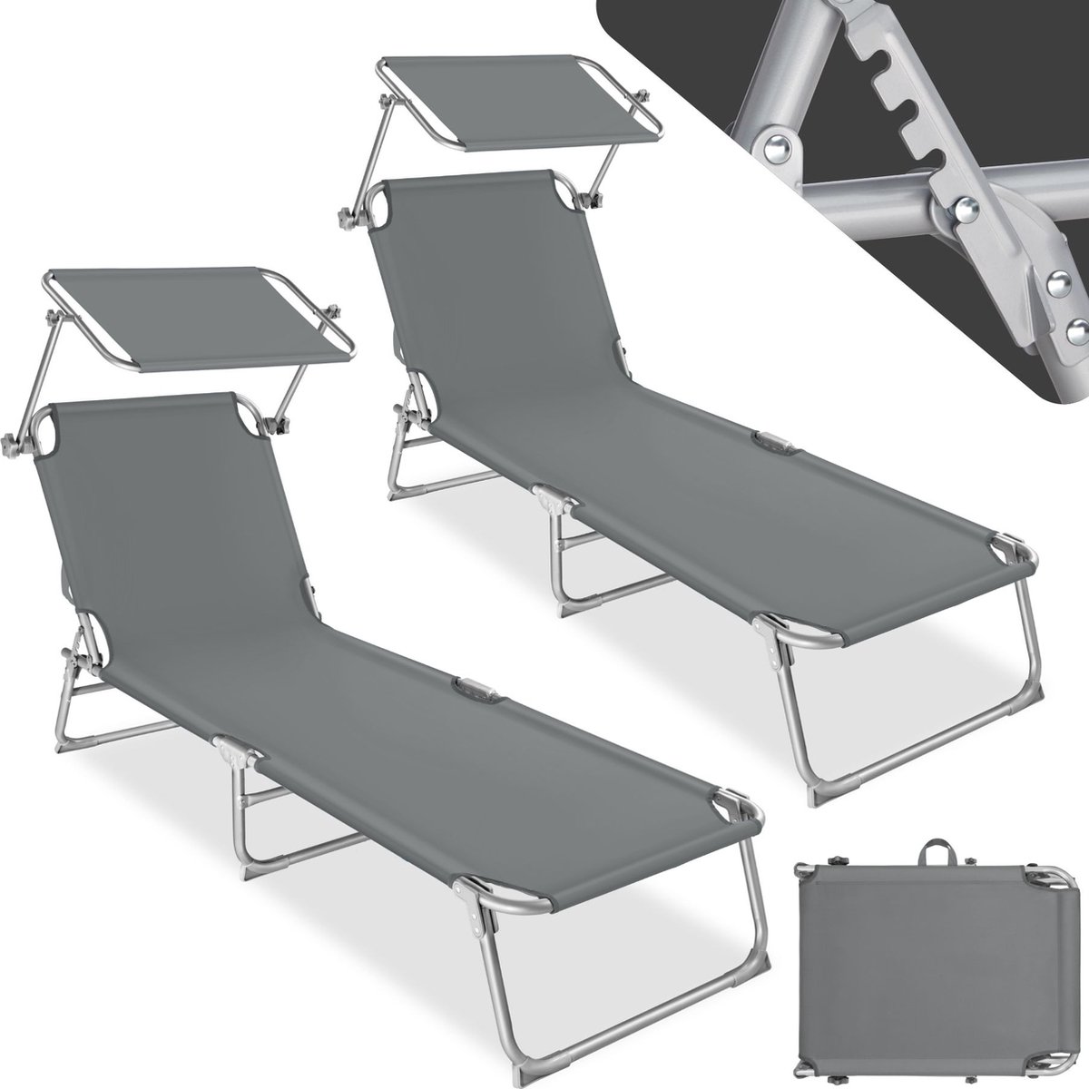 tectake® Set van 2 ligbedden - Tuin met Zonwering - Opklapbare Tuinligstoel, Balkon- of Terrasligstoel met Verstelbare Rugleuning - Strandligstoel met Zonnekap - Belastbaar tot 110 kg - Grijs