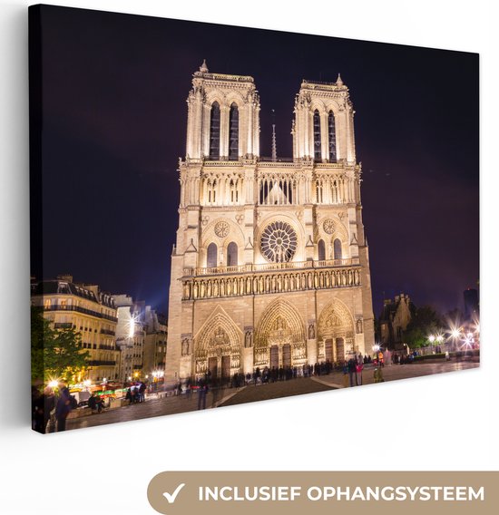 Notre Dame bij nacht Canvas 120x80 cm - Foto print op Canvas schilderij (Wanddecoratie)