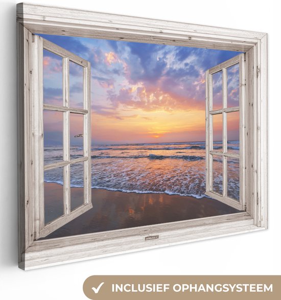 Doorkijk schilderij - Zonsondergang - Zee - Strand - Branding - Wolken - Canvas doorkijk - Wanddecoratie - 80x60 cm