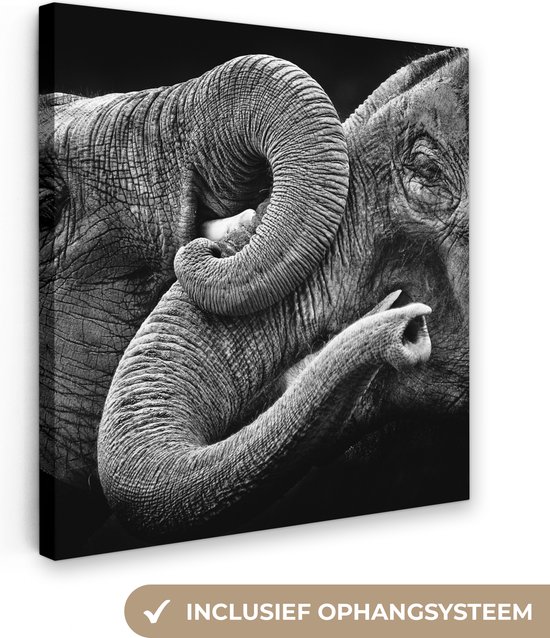 Canvas Schilderij Omhelzing olifanten op zwarte achtergrond in zwart-wit - 20x20 cm - Wanddecoratie