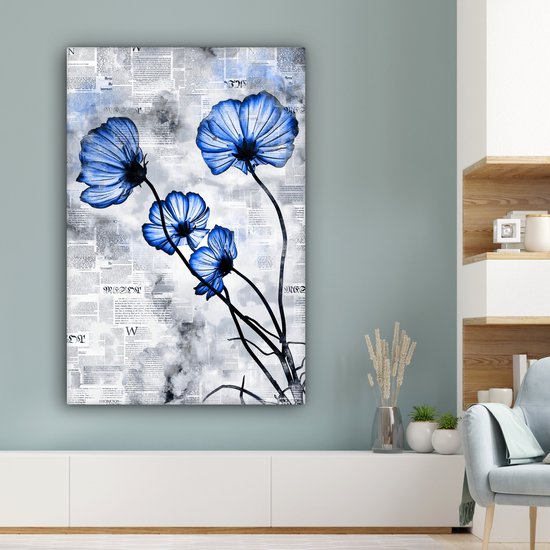 Toile Peinture Fleurs - Journal - Blauw - 80x120 cm - Décoration murale