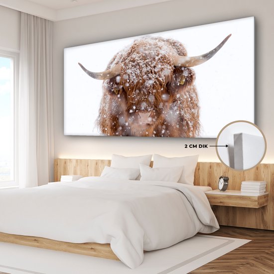 Peinture sur toile Highlander écossais - Cornes - Neige - 160x80 cm - Décoration murale