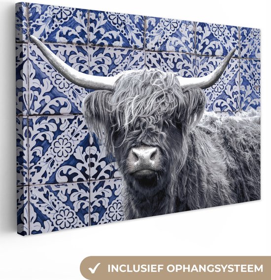 Canvas Schilderij Schotse Hooglander - Delfts blauw - Zwart - Wit - 60x40 cm - Wanddecoratie