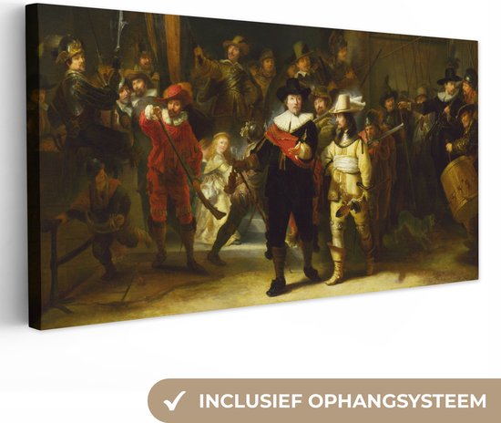 Canvas schilderij - Nachtwacht - Rembrandt - Kunst - Canvas doek - 40x20 cm - Oude meesters op canvas - Schilderijen op canvas - Muurdecoratie