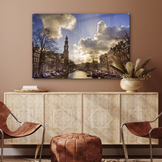 Peinture sur verre - Westerkerk à Amsterdam avec un ciel nuageux - 120x80 cm - Peintures sur Verre Peintures - Photo sur Glas