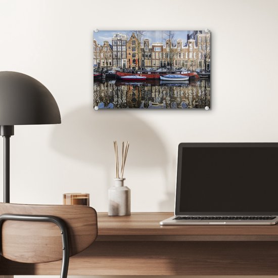 Peinture sur Verre - Une Péniche Rouge dans le Canal d'Amsterdam - 30x20 cm - Peintures sur Verre Peintures - Photo sur Glas