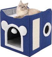 Opvouwbaar kattenhuis, groot kattenhuis, hol voor katten en kleine honden met krabplank en pluizige bol, blauw