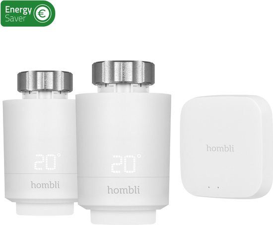 Hombli Slimme Radiatorknop - Thermostaatkraan- Thermostatisch - Starterspakket incl. Bluetooth/WiFi Hub - Verbruiksmeter - Incl. Koppelstukken - Hombli