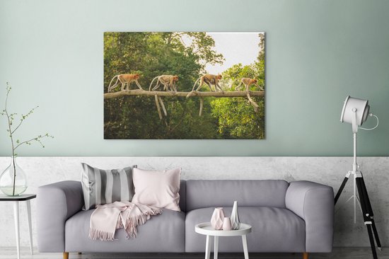 Quatre singes marchant sur toile branche 2cm 140x90 cm - Tirage photo sur toile (Décoration murale salon / chambre) / Animaux sauvages Peintures sur toile
