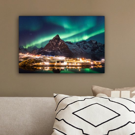 Aurores boréales au-dessus d'un village en Norvège toile 2cm 30x20 cm - petit - Tirage photo sur toile (Décoration murale salon / chambre) / phénomènes naturels Peintures sur toile