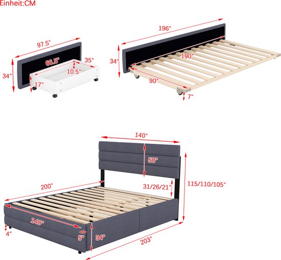 Bed Met Lades 140 X 200 Cm - Grijs Linnen - Gestoffeerd Bed Met Ledverlichting En Usb Aansluiting 4 Lades Zonder Matras