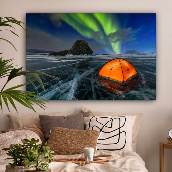 Tente sur la glace sous les aurores boréales toile 2cm 140x90 cm - Tirage photo sur toile (Décoration murale salon / chambre) / Phénomènes naturels Peintures sur toile