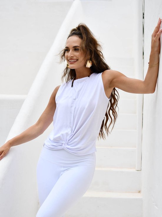 Namastae® Sport shirt dames yoga - Yoga top dames - Sport top met knoopdetail - Kort topje - Wit - Maat 38 (L) van Namastae — afbeelding 2