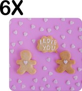 BWK Stevige Placemat - I Love You Koekjes met Roze Achtergrond - Set van 6 Placemats - 50x50 cm - 1 mm dik Polystyreen - Afneembaar