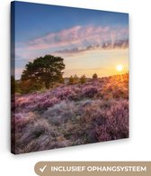 Canvas - Zonsondergang - Heide - Bomen - Woonkamer - 50x50 cm - Canvas schilderij - Woondecoratie