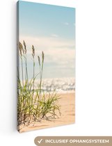 Canvas schilderij - Strand - Gras - Zee - Golf - Canvas doek - 20x40 cm - Schilderijen op canvas - Foto op canvas - Muurdecoratie