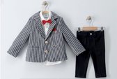 luxe jongens kostuum-kinderpak- kinderkostuum-4 delige set - zwart wit gestreepte blazer, witte hemd, zwarte kostuumbroek ,rode vlinderstrik -bruidsjonkers-bruiloft-feest-verjaardag-fotoshoot-maat 74 (9-12 maanden)