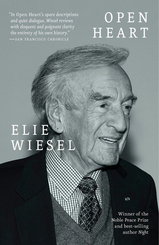 Boek "Open Heart" met een portret van Elie Wiesel, winnaar Nobelprijs Vrede.
