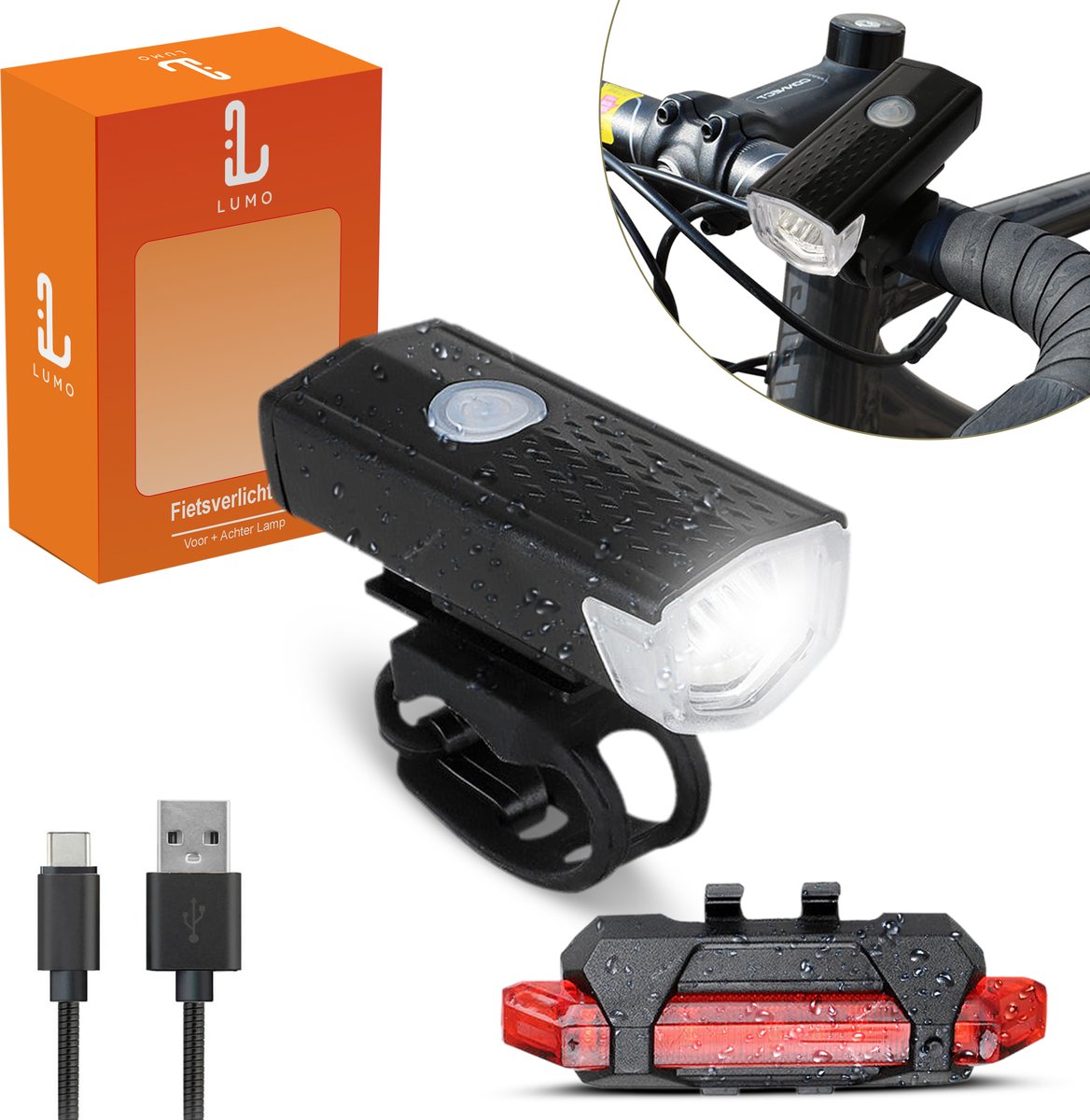 LUMO Waterbestendige Fietsverlichting Set Voor & Achterlicht - Fietsverlichting - Fietslamp - Fietslampjes - Fietsverlichting USB Oplaadbaar - Zwart