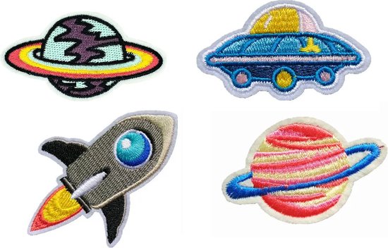 Patchs spatiaux - Mélange spatial de 4 pièces - OVNI - Planète - Fusée - Application de tissu - Patch - Patchs - 4 pièces - Emblème thermocollant - Pour vêtements - Joli cadeau