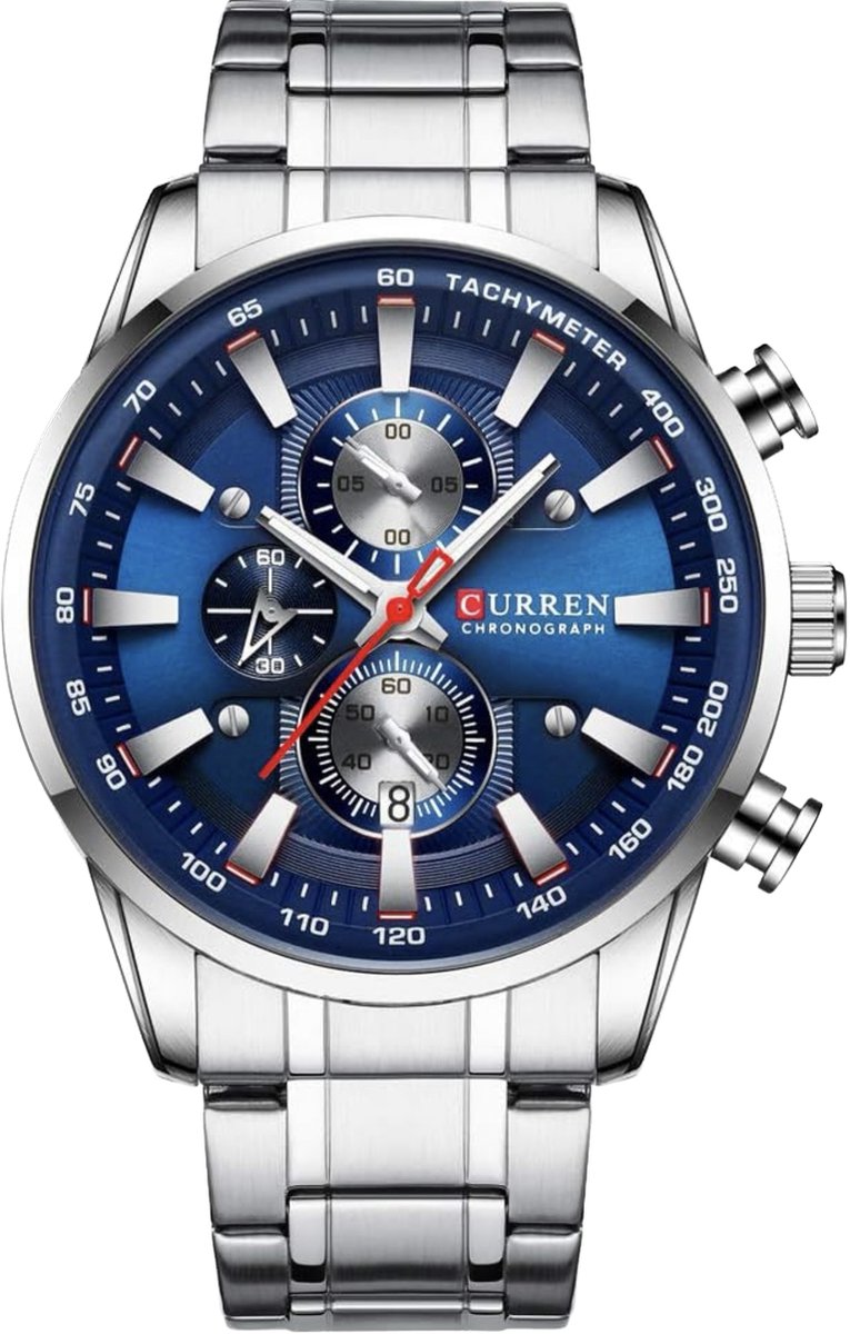 Curren Horloge - Zilverkleurig - Blauw - Heren - Analoog - Ø50mm - staal - Datumaanduiding - Stopwatch