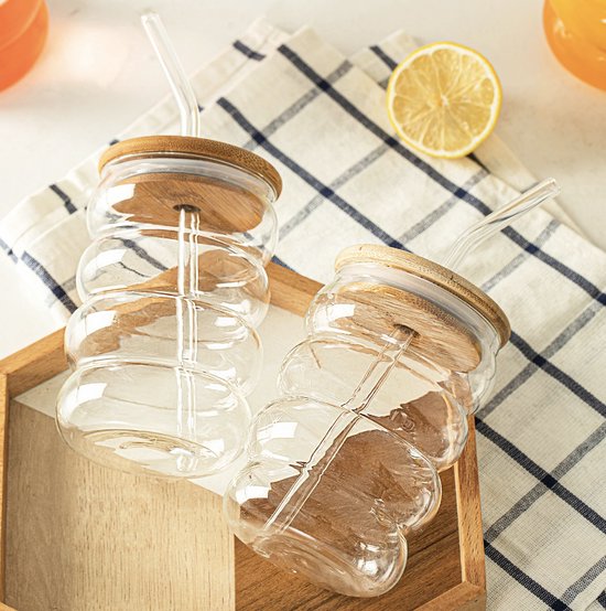 Panngu Bubble Tea Bekers met deksel en rietje, set van 4, esthetische drinkglazen met bamboedeksel en glazen rietje, ijskoffieglazen voor ijs, koffie, cocktail, smoothieglas, bier