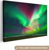 Canvas Schilderij Noorderlicht - IJsland - Rood - Groen - 30x20 cm - Wanddecoratie