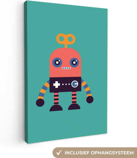 Peinture sur toile enfants - Décoration murale chambres d'enfants - Robot - Jouets - Vert - 20x30 cm - Toile enfants - Décoration murale
