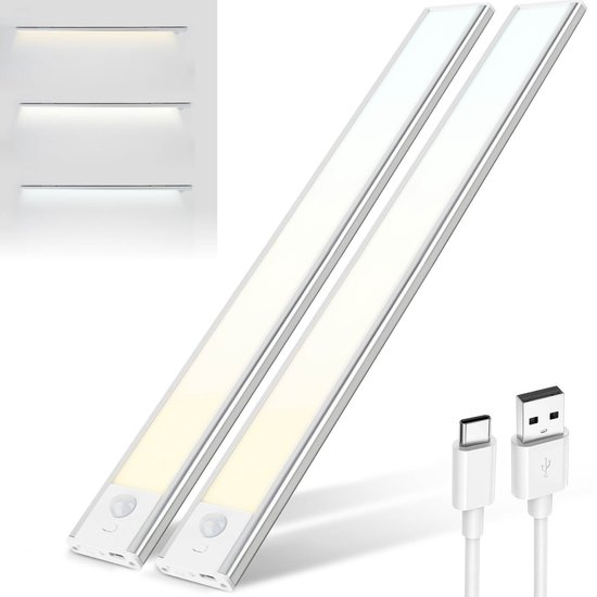 Brendz Éclairage d'armoire LED avec détecteur de mouvement, bande LED rechargeable USB-C, 3 températures de couleur, éclairage de cuisine à intensité variable, Siècle des Lumières magnétique pour Armoires, couloirs, chambres, 2 x 40 cm, Argent