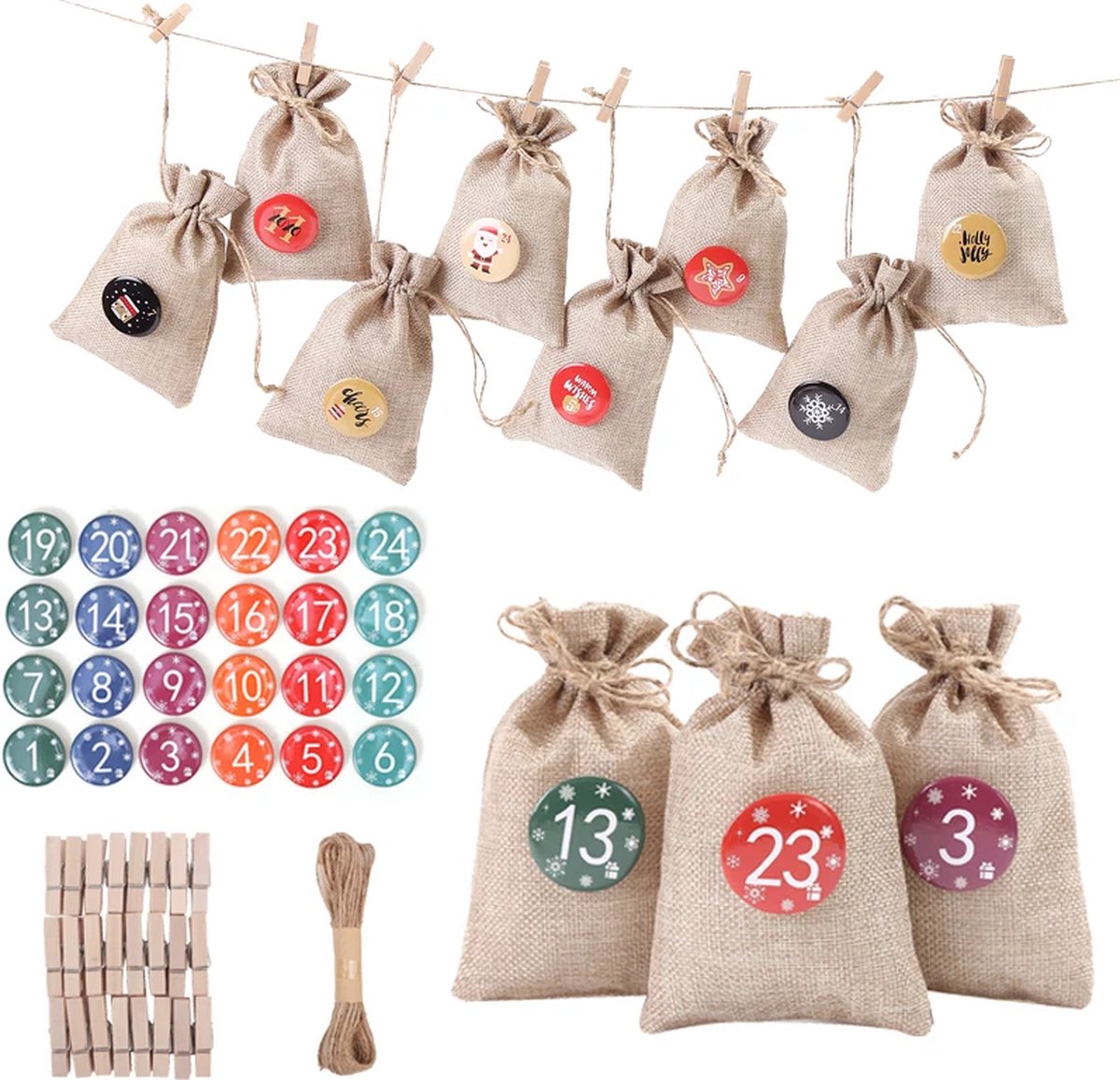 MOZY - #3 DIY Adventskalender Zakjes - 24 Jute Zakjes - Buttons - Meerkleurig - Inclusief Knijpertjes en Touw - Adventskalender Zelf Vullen - Kerstdecoratie - Kerst - Kerstcadeau - Aftellen Kerst