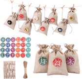 MOZY - #3 Sacs de calendrier de l'Avent DIY - 24 sacs en jute - Boutons - Multicolore - Comprend des piquets et une corde - Calendrier de l'Avent à remplir soi-même - Décoration de Noël - Noël - Cadeau de Noël - Compte à rebours de Noël