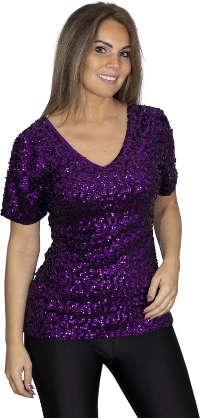 Pailletten topje - shirt - Paars - Maat L/XL - Maat 42/44 - Disco - Toppers 2025