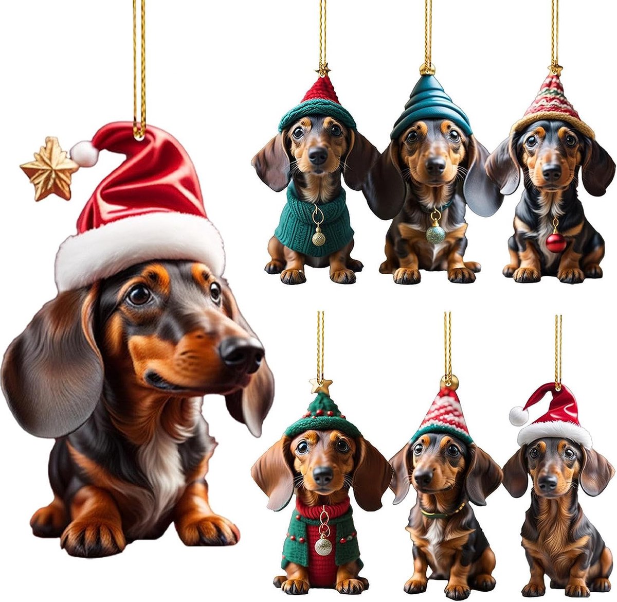 Hond Kerst Decor Teckel Kerstboom Hanger, Teckel Kerstboom Ornament Decoratie, Hond Auto Hanger, Hond Kerstkous Opknoping Hanger, Teckel Hond Ornamenten 2D