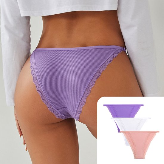 Lot de 3 - Slips Femme Sexy - Violet, Rose et Wit - Ceinture Fine - Caleçon 95% Katoen - Set Lingerie / Sous-vêtements Femme - Taille M