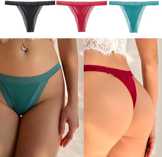 3 Pack - Dunne Dames String - Sexy Design met Kant - Zwart, Groen en Rood - Dames Lingerie / Ondergoed Set - Maat L