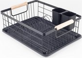 Zwarte mat afwasrek - Afwasrek van hoge kwaliteit met houten handvatten - Roestvrijstalen afvoerrek voor de gootsteen