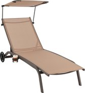 Zonneligstoel met wieltjes, dak en bekerhouder, ligstoel met verstelbare rugleuning, terrasstoel, outdoor ligstoel, strandstoel voor tuin, terras, zwembad (bruin)