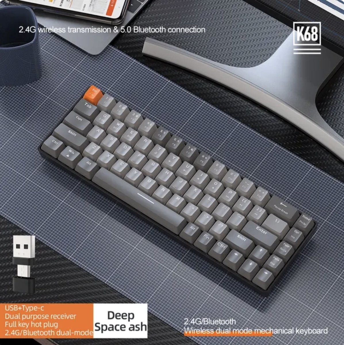 Wireless Gaming Keyboard - 60% Keyboard - Mechanisch Toetsenbord Draadloos - Red Switches - Bluetooth/Usb Draadloos - Grijs