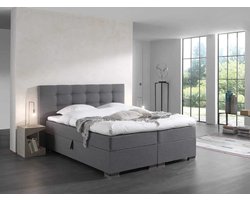 Boxspring met Opbergruimte malaga - twijfelaar 120x200cm grijs stof- Compleet bed inclusief topper 8cm dik- zetelsenbedden
