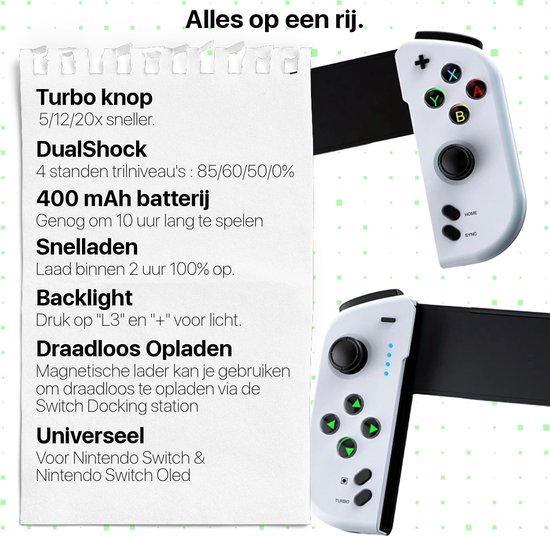 Kenmerken van de witte Nintendo Switch controller: turbo knop, 400 mAh batterij, snelladen, backlight, draadloos opladen.