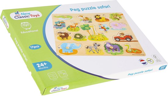 New Classic Toys® Houten Grote Knoppuzzel Safari - 16 Puzzelstukjes - FSC - Houten Puzzel met Knopjes - Educatief Peuterspeelgoed - Vanaf 24 maanden