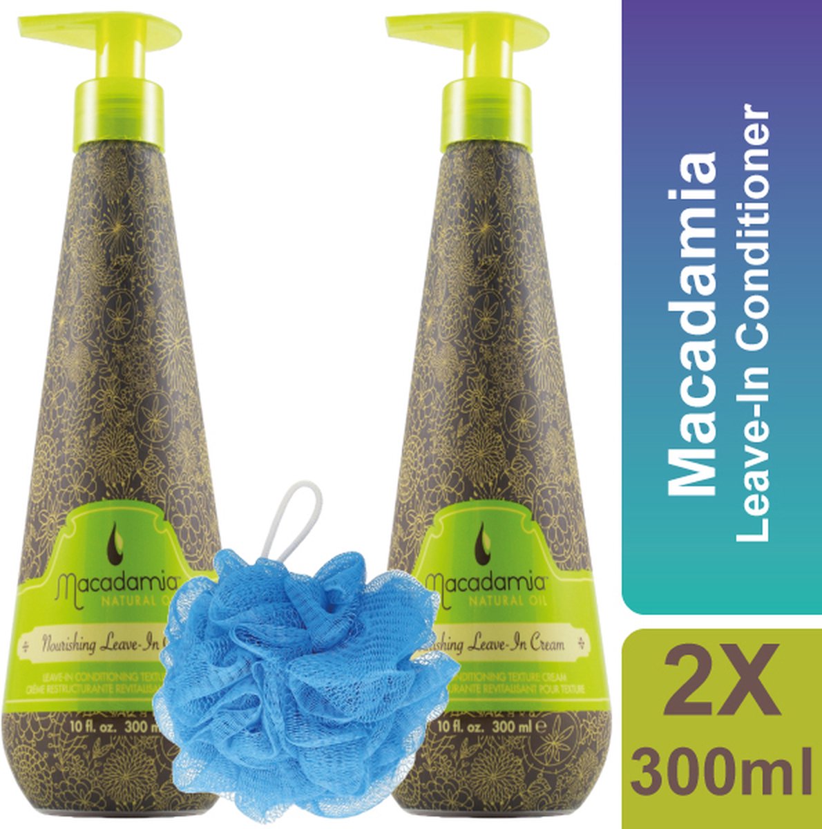 Leave-In Conditioner - Macadamia - Inclusief Douche Puff - Voordeelverpakking - Natural Oil - Macadamia Olie - Beschermt Gekleurd Haar - Geeft Glans - 2 x 300 ml