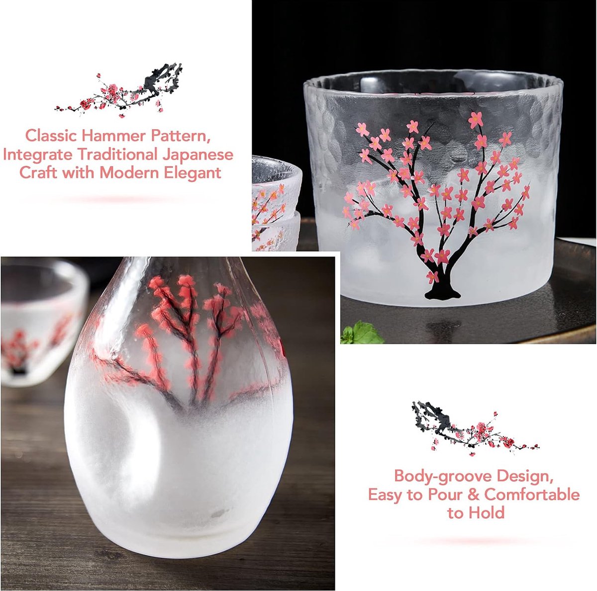 Set à saké japonais pour 4 personnes, avec un motif fait main de fleurs de  cerisier