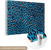 MuchoWow® Glasschilderij 30x20 cm - Schilderij acrylglas - Luipaardprint - Design - Blauw - Foto op glas - Schilderijen